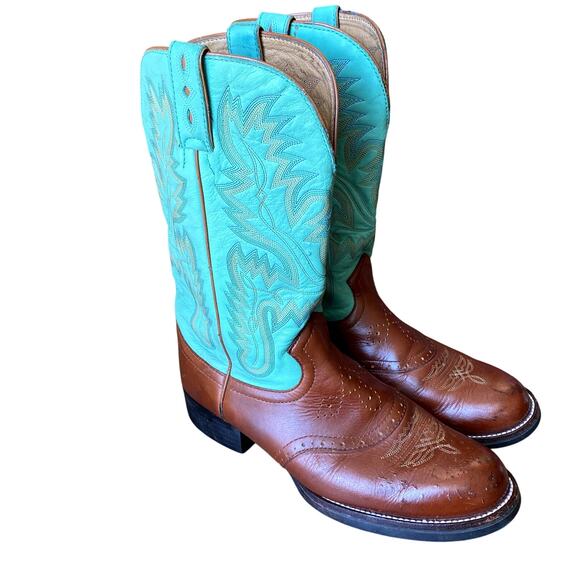Justin Men's Teal Turquoise Leather Cowboy Boot 9.5 C - Picture 1 of 11